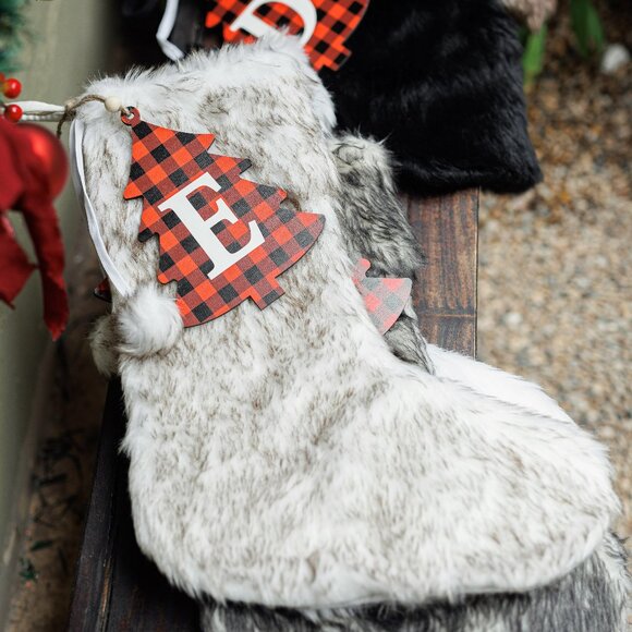 Long Faux Fur Christmas Stocking Woft - Personalized with Cutout Wood Name Tag - Picture 2 of 7